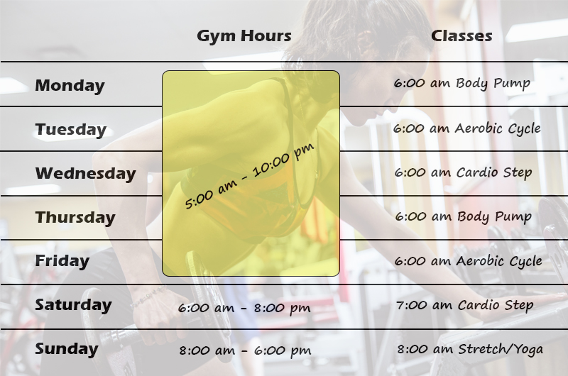 Table showing gym hours and classes